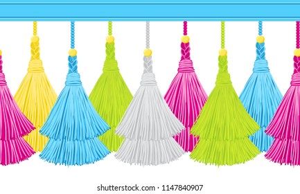Seamless border pattern, abstract vector elements for design. Horizontal tassels from yarn or tread with beads and braid on cords, flat macrame style. Punchy pastel colors – blue, pink, green, yellow