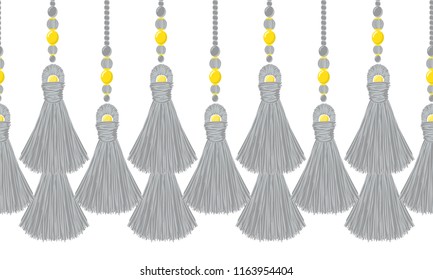 Seamless border pattern, abstract vector elements for design. Neutral abstract horizontal border, divider, shades of gray colors. Tassels from yarn, tread and beads