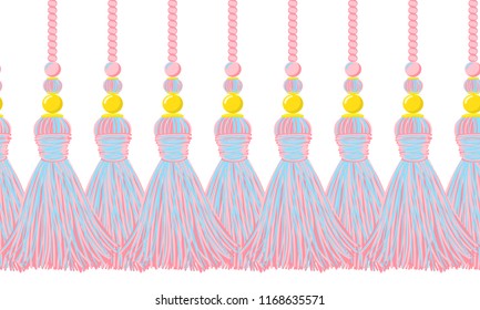 Seamless border pattern, abstract vector elements for design. Pink horizontal border, divider. Tassels from yarn, tread and beads. Decorative tassels, punchy pink colors 
