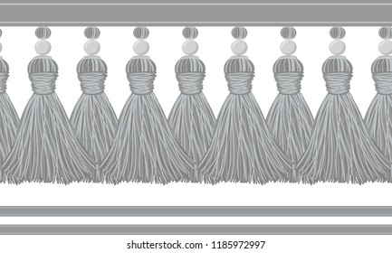 Seamless border pattern, abstract vector elements for design. Neutral horizontal border, divider, shades of gray colors. Tassels from yarn, tread and beads. Decorative tassels