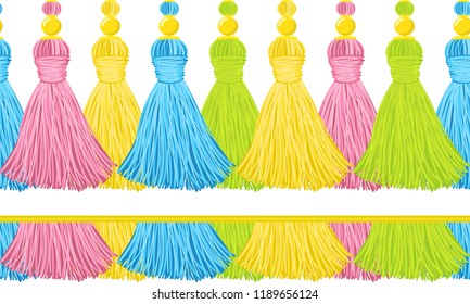 Seamless border pattern, abstract vector elements for design. Horizontal decorative tassels from yarn or tread with beads, ropes, flat macrame style. Punchy green, yellow, pink colors