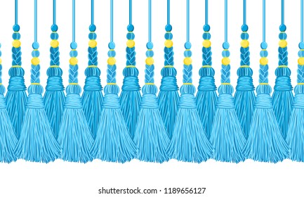 Seamless border pattern, abstract vector elements for design. Horizontal tassels from yarn or tread with beads and braid on cords, flat macrame style. Bright blue colors