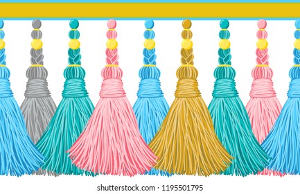 Seamless border pattern, abstract vector elements for design. Horizontal tassels from yarn or tread with beads and braid on cords, macrame style. Punchy pastel colors – blue, pink, turquoise, yellow