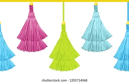 Seamless border pattern, abstract vector elements for design. Horizontal tassels from yarn or tread with beads and braid on cords, flat macrame style. Punchy pastel colors – blue, pink, green, yellow