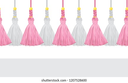 Seamless border pattern, abstract vector elements for design. Horizontal tassels from yarn or tread with beads and braid on cords, flat macrame style. Powdery pink colors with gold beads and ribbons