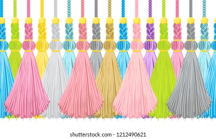 Seamless border pattern, abstract vector elements for design. Horizontal tassels from yarn or tread with beads and braid on cords, flat macrame style. Punchy pastel colors – blue, pink, green, yellow