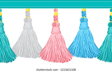 Seamless border pattern, abstract vector elements for design. Horizontal tassels from yarn or tread with beads and braid on cords, flat macrame style. Punchy pastel colors – blue, pink, turquoise