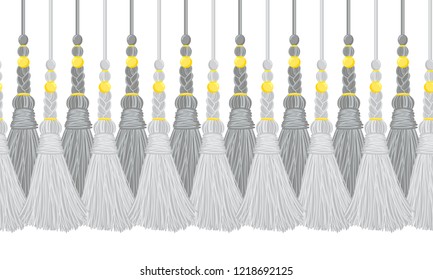 Seamless border pattern, abstract vector elements for design. Horizontal tassels, flat macrame style. Trendy colors
