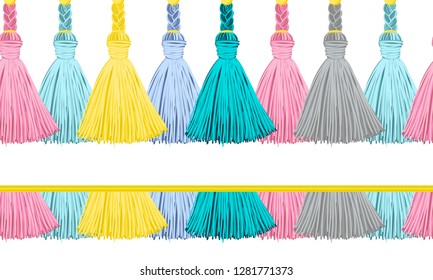 Seamless border pattern, abstract vector elements for design. Horizontal tassels from yarn or tread with beads and braid on cords, flat macrame style. Punchy pastel colors – blue, pink, green, yellow