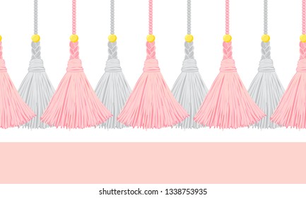 Seamless border pattern, abstract vector elements for design. Horizontal tassels from yarn or tread with beads and braid on cords, flat macrame style. Powdery pink colors with gold beads and ribbons
