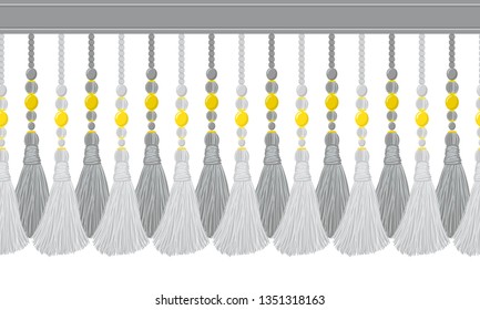 Seamless border pattern, abstract vector elements for design. Neutral abstract horizontal border, divider, shades of gray colors. Tassels from yarn, tread and beads