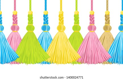 Seamless border pattern, abstract vector elements for design. Horizontal tassels from yarn or tread with beads and braid on cords, flat macrame style. Punchy pastel colors – blue, pink, green, yellow