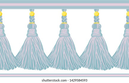Seamless border pattern, abstract vector elements for design. Horizontal tassels, flat macrame style. Trendy colors