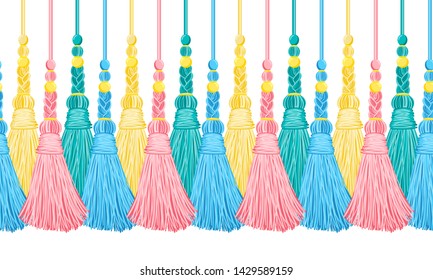 Seamless border pattern, abstract vector elements for design. Horizontal tassels from yarn or tread with beads and braid on cords, flat macrame style. Punchy pastel colors – blue, pink, turquoise, yel