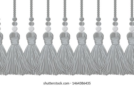 Seamless border pattern, abstract vector elements for design. Neutral horizontal border, divider, shades of gray colors. Tassels from yarn, tread and beads. Decorative tassels