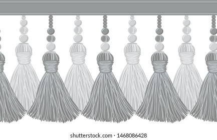 Seamless border pattern, abstract vector elements for design. Neutral horizontal border, divider, shades of gray colors. Tassels from yarn, tread and beads. Decorative tassels