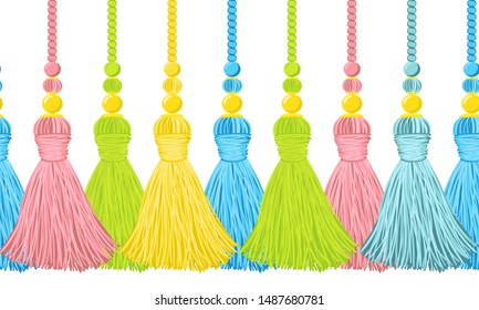 Seamless border pattern, abstract vector elements for design. Horizontal decorative tassels from yarn or tread with beads, ropes, flat macrame style. Punchy green, yellow, pink colors