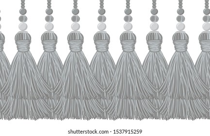 Seamless border pattern, abstract vector elements for design. Neutral horizontal border, divider, shades of gray colors. Tassels from yarn, tread and beads. Decorative tassels