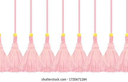 Seamless border pattern, abstract vector elements for design. Horizontal tassels from yarn or tread with beads and braid on cords, flat macrame style. Powdery pink colors with gold beads and ribbons