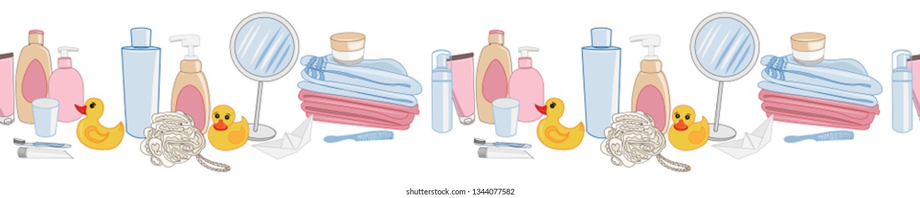 Seamless border pattern with bath accessories and ducks. Bathroom Beauty Objects. Bath set. 