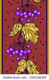 seamless border pattern, branch of viburnum berries, autumn, Wallpaper, textiles, grass, leaves, red-brown background, vector graphics