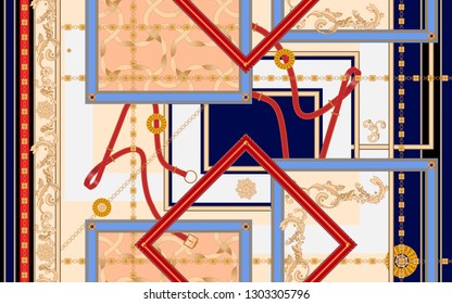 Seamless border pattern with chains and baroque frames. Vector patch for print, fabric, scarf. Seamless border pattern with chains and baroque frames. Vector patch for print, fabric, scarf.