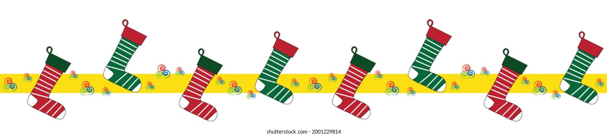 seamless border pattern Christmas stockings red yellow green holiday