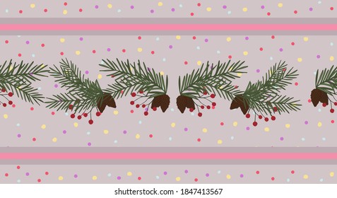 Seamless border with a pattern of Christmas trees, cones and colorful confetti on a purple background. Holiday pattern. Interior design, background, fabric, textiles, paper, decor, design, packaging