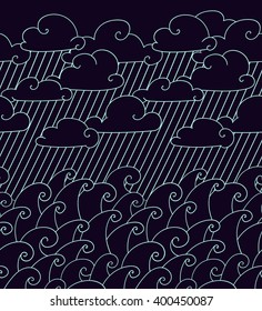 Seamless border pattern with clouds, waves and rain. Vector illustration with sea landscape. Blue design.