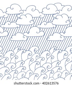 Seamless border pattern with clouds, waves and rain. Vector illustration with sea landscape. Blue design.
