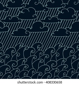 Seamless border pattern with clouds, waves and rain. Vector illustration with sea landscape. Blue design.