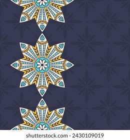 Seamless border pattern with color vector mandalas. Mehndi lace borders. Endless texture. Space for text. Vector color background. Mandala seamless pattern. Yellow, turquoise color mandala.