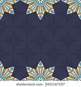 Seamless border pattern with color vector mandalas. Mandala ornamental borders. Endless texture. Space for text. Vector color background. Mandala seamless pattern. Yellow, turquoise color mandala.