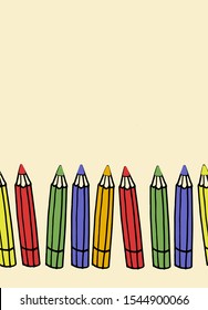 Seamless border pattern with colored pencils on white background. School and childhood concept