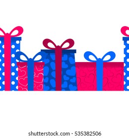 Seamless border pattern with colorful gift boxes. Boxes for presents with ornaments with dots and hearts.