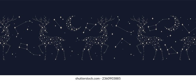 Seamless border pattern with cosmic deers. Design for card, fabric, print, greeting, poster, clothes, textile.