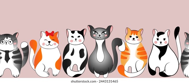 Seamless border (pattern) with cute red and grey cats on beige background. Vector illustration for children.