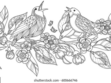 Seamless border pattern in doodle style. Floral, ornate, decorative, garden vector design. Black and white monochrome background. Birds, flowers and leaves. Zentangle coloring book page