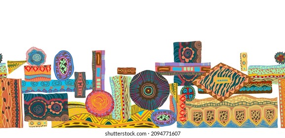 Seamless border pattern with ethnic Zambia patterns collection. Tribal African ornaments and textures. Colourful vector illustration