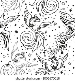Seamless border pattern with fairy birds. Ornate decorative vector design. Zentangle coloring book page