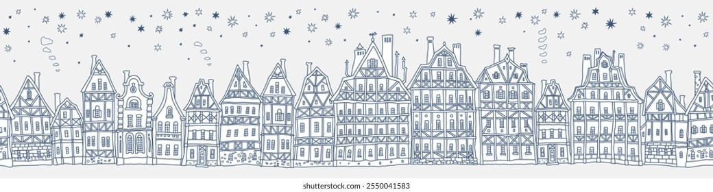 Seamless border pattern. Fairy tale half-timbered houses, medieval European town street panorama. Coloring book page