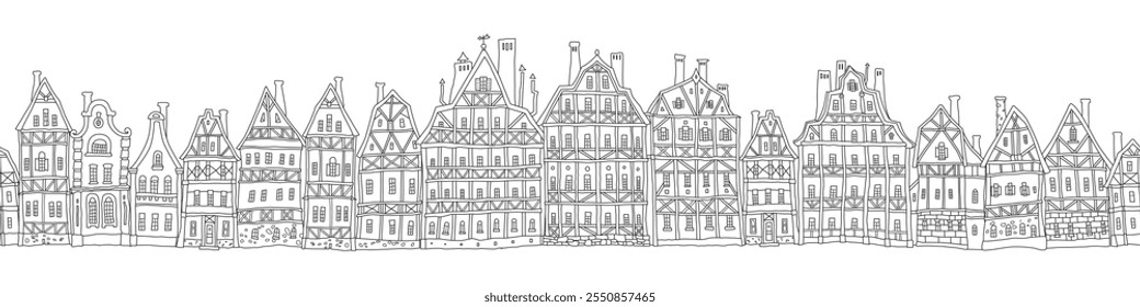 Padrão de borda uniforme. Conto de fadas casas de meia madeira, medieval panorama de rua da cidade europeia Colorir página do livro