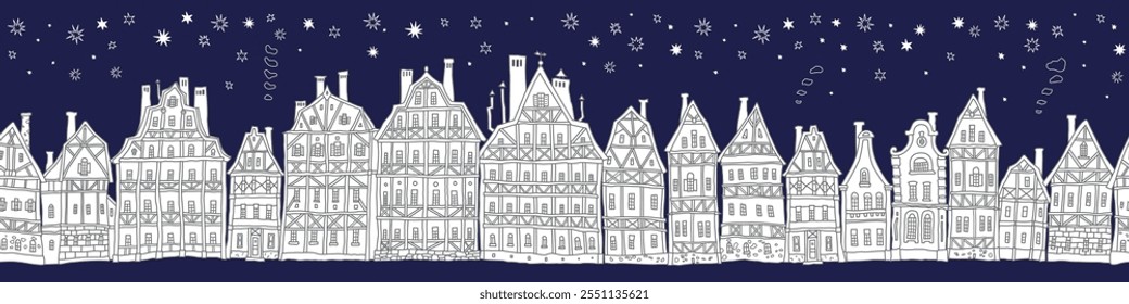 Seamless border pattern. Fairy tale half-timbered houses, medieval European town street night panorama. Coloring book page