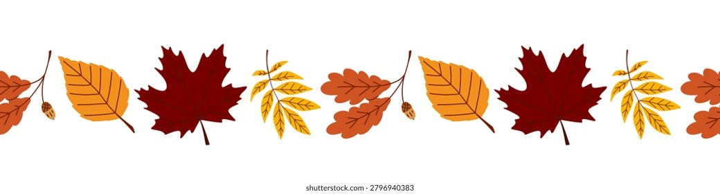 Seamless border pattern with fallen leaves in a row for contour design, maple, American beech, oak, hickory, American autumn leaves