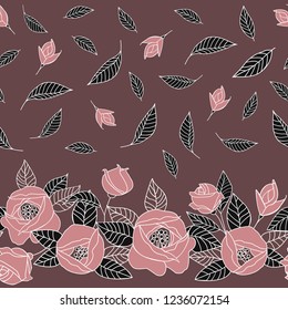 Seamless border pattern of flowers. Individual leaves and buds on the background.