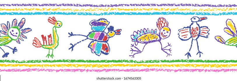 Seamless border, pattern or frame funny tropical crazy doodle birds animal or insect set. Crayon like kids hand drawn colorful bright jungle flying monsters. Vector pastel chalk or pencil child art