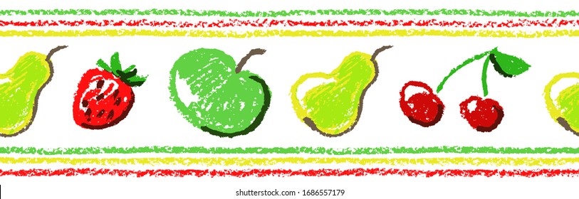 Seamless border, pattern or frame funny doodle fruits set. Crayon like kids hand drawn colorful bright health fresh pear, cherry, apple and strawberry. Vector pastel chalk or pencil child simple art