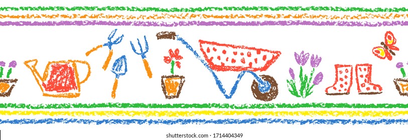 Juego de herramientas de jardinería de garganta sin bordes, patrones o cuadros. Los crayones como los niños dibujaron a mano el jardín o los instrumentos de la granja. Flor vectorial pastel o de lápiz infantil, carrito, botas de goma, arte vegetal