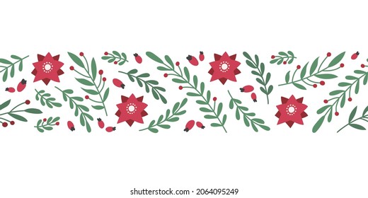 Seamless border pattern with green branches with leaves and berries, ang red flowers. Abstract decoration on white background. Vector.