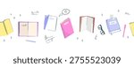 Seamless border pattern with hand drawn books, notebooks, pencil glasses, and stationery elements for education designs, packaging, branding, backgrounds, print, school projects. Vector illustration